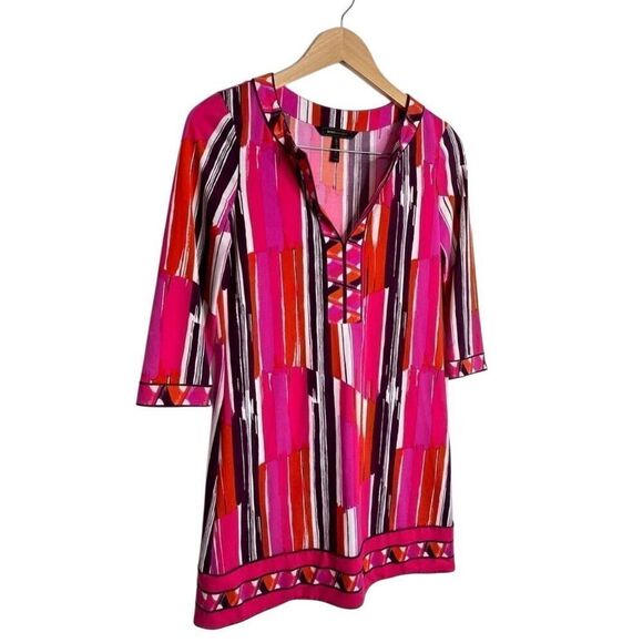 BcbgMaxAzria Dress Size XXS Psychedelic Mod Shift 3/4 Sleeve Multicolor V Neck - Picture 4 of 6